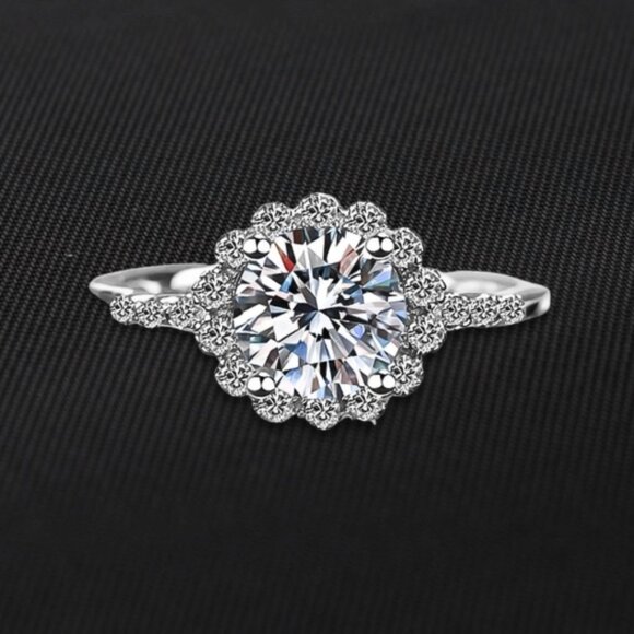 Diamond Jewelry - 1 Ct Round Cut Moissanite Wedding Ring Halo-Style Flower Cubic Zirconia Silver 8